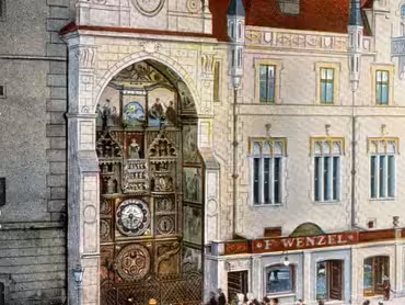 Pohlednice zobrazující olomoucký orloj a jeho obdivovatele, počátek 20. století. V soukromém majetku.